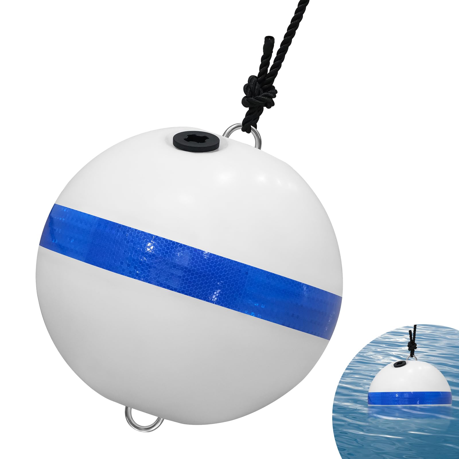 Boa di ormeggio da 30,5 cm per barca con striscia blu riflettente bianca boa galleggiante galleggiante attraente boa illuminata per ormeggio barche