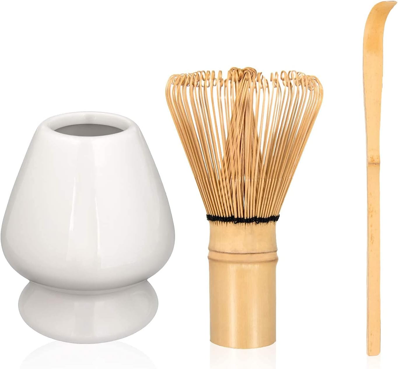 Occuwzz® Traditional Matcha Tea Tool Set, Whisk (Chansen) 100-Prongs(70-76 fine tines) + Ceramic Whisk Holder + Tea Scoop (Chashaku) Handmade Matcha Kit for Matcha Tea Lover