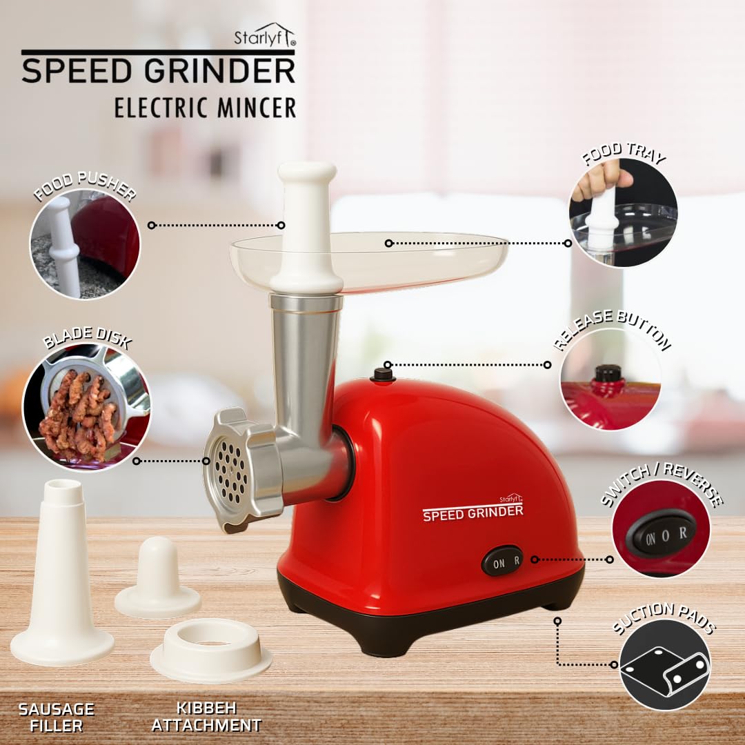 Starlyf Speed Grinder – Tritacarne Elettrico Compatto e Potente per Carne Macinata, Hamburger, Polpette, Polpettone, Salsicce, Uso Domestico