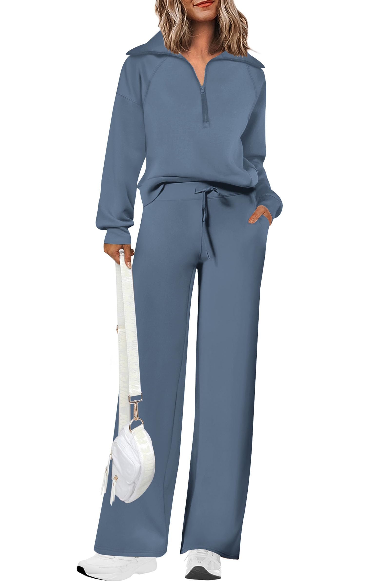 PRETTYGARDEN Women's 2 Piece Outfits Casual Lapel Half Zip Sweatshirts And Wide Leg Pants Tracksuit SetsPRETTYGARDEN Women's 2 Piece Outfits Casual Lape…