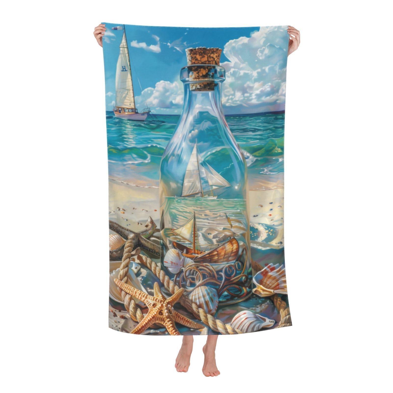 HLBSDM Colorful Beach Towel Microfiber Sand Free Art Seashells Glass Bottle Towels for Adult Kids Quick Dry Ultra Absorbent Super Soft Pool Travel Swim Bath Shower Towel 52”x 32”