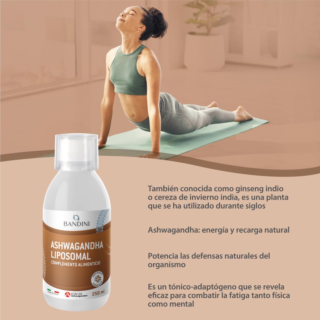 Bandini® Ashwagandha Liposomal 250 mg – Alta Biodisponibilidad y Absorción – Extracto líquido de Ginseng indio (Withania somnifera) raíces para Fatiga Física y Mental - Vegano - 250 ml, 25 porciones