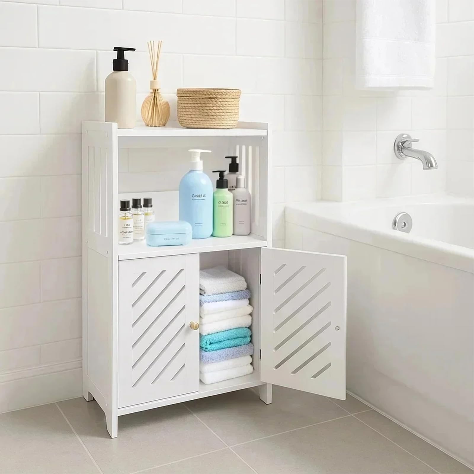 powerking Armadietto portaoggetti da bagno a 3 livelli, organizer indipendente con ante e ripiani, piccolo armadietto bianco da pavimento per bagno, WC, ufficio, soggiorno, cucina, corridoio, piccolo