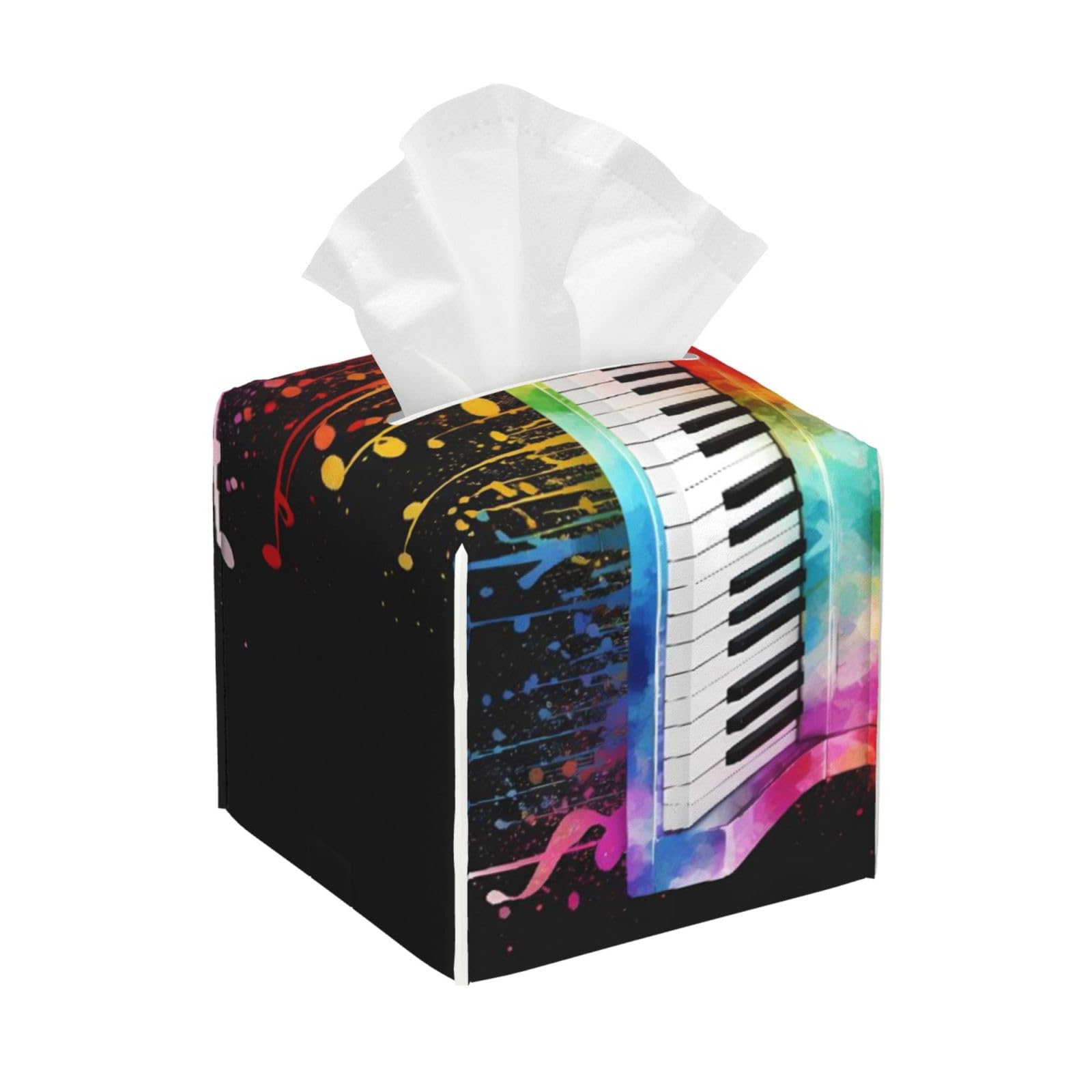 Colorful Piano Keyboard Leather Tissue Box Cover Holder Square Facial Paper Organizer 5.2" X 5.2" X 5.2"