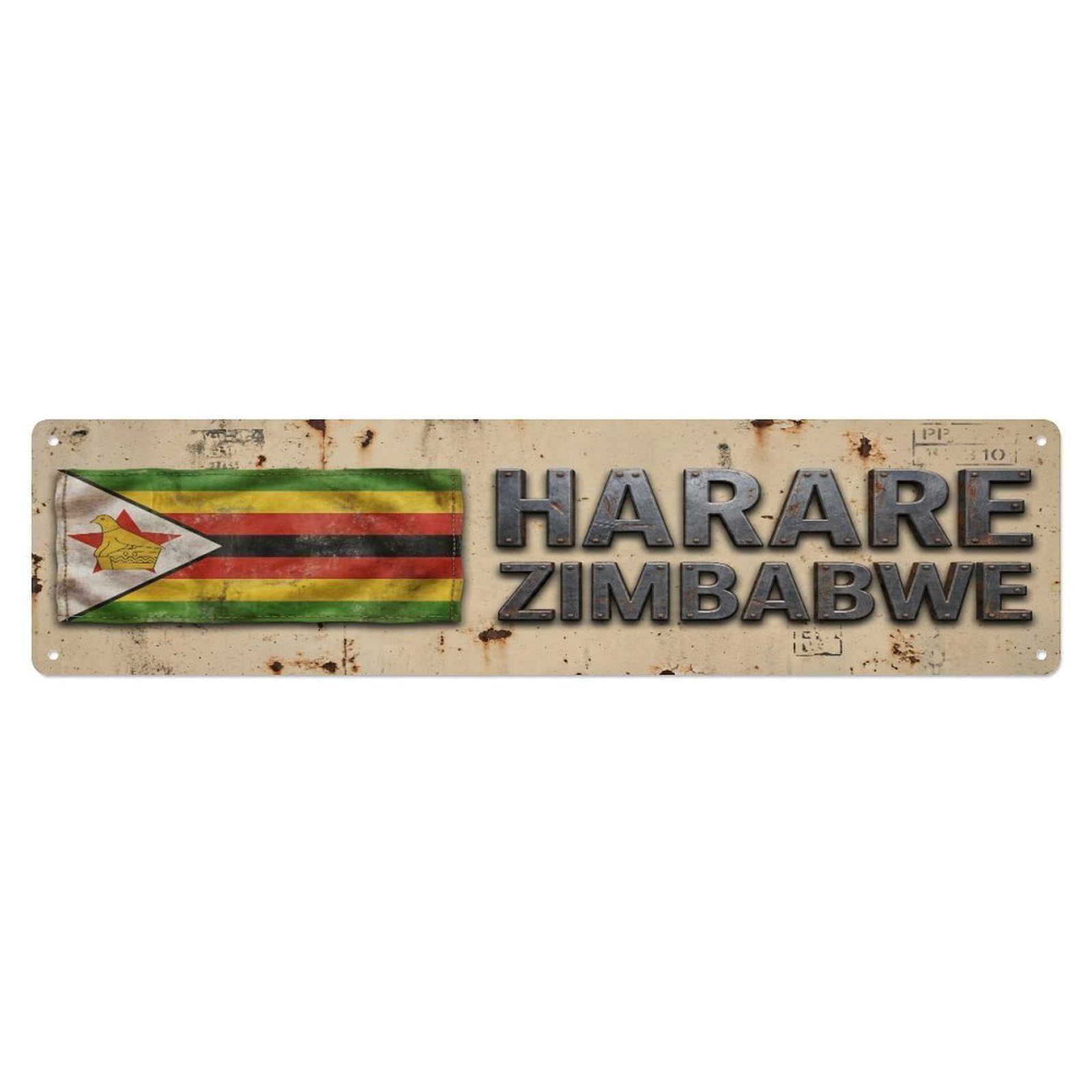 Vintage Harare Zimbabwe Flag Decor Rustic Travel Metal Tin Sign