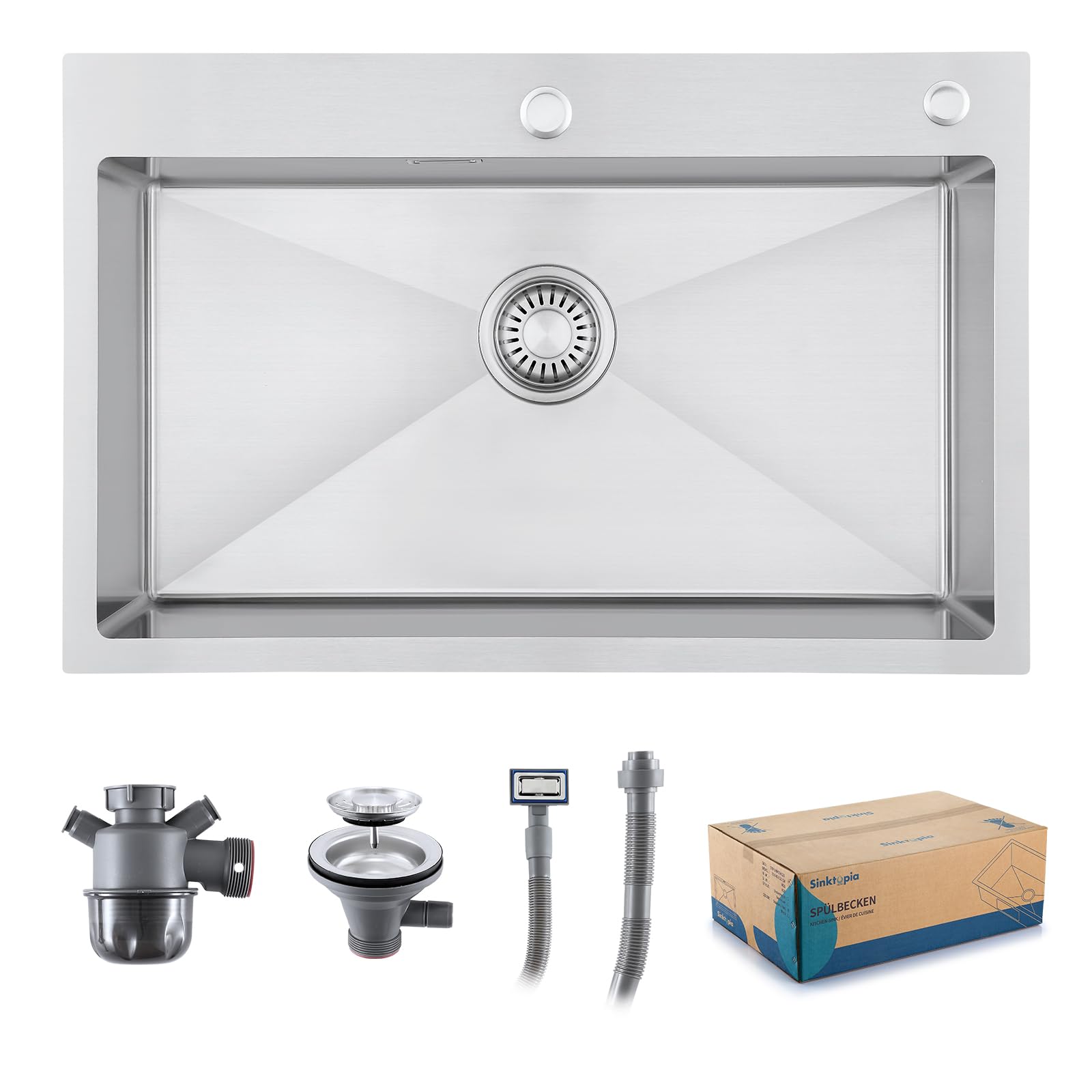 Kitchen Sink with Waste Kit, 2 Tap Holes Stainless Steel 304 Thick Deep Basin Single Bowl, Sinks with Strainer Overflow for Home Kitchen Campervan Utility Room Bar Brushed Stainless 70×45 cm