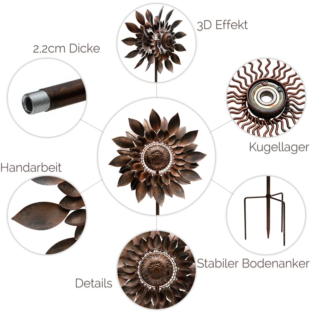 Windrad Windkamille 3D Optik Ø61cm. Windspiel für den Garten aus Metall. Windmühle mit Höhenverstellung dekorativ einzigartiger Blickfänger, wetterfest & UV-beständig Deko in Kupfer H: 187cm.