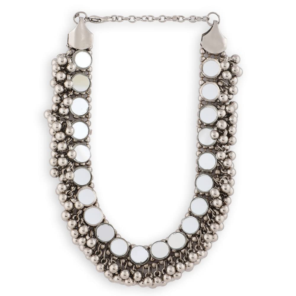 Dulcett Womens India | Traditional Afghani Choker | Oxidised Silver Mirror Necklace| Afghani Jewellery |Tasselled Afghani Floral Choker With Earrings, Green And Blue Stone Choker (B0BQVL44TH) Amazon Price History, Amazon Price Tracker