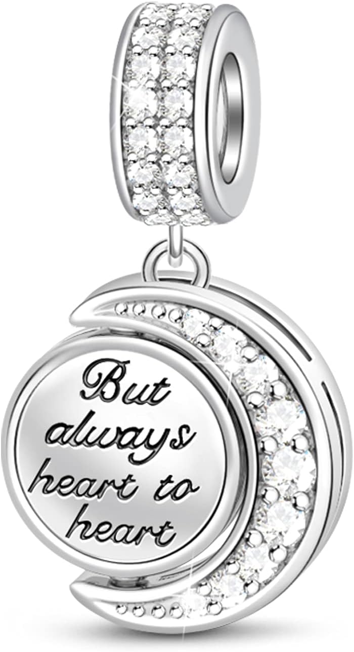 GNOCE Crescent Star Galactic Cosmic Moon Charm Pendant Sterling Silver Not Always Eye to Eye, But Always Heart to Heart Dangle Charm fit Bracelet/Necklace Christmas Jewellery Gift for Women