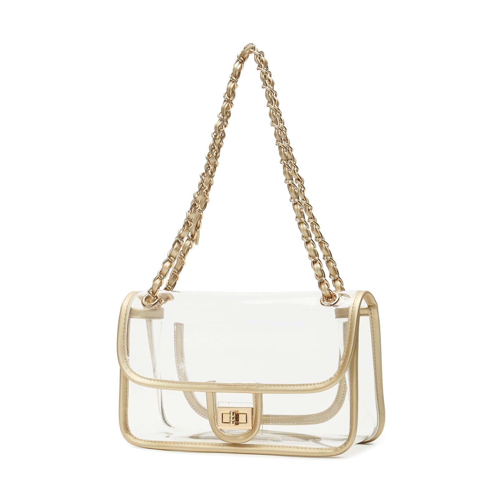 Womens PVC Clear Purse Handbag with Chain Stadium Approved Clear Bag See Through Bag for Working and Concert