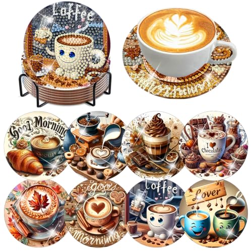 igoodom 8 Pcs Coffee Diamond Art Coasters Kit with Holder, Diamond Coaster