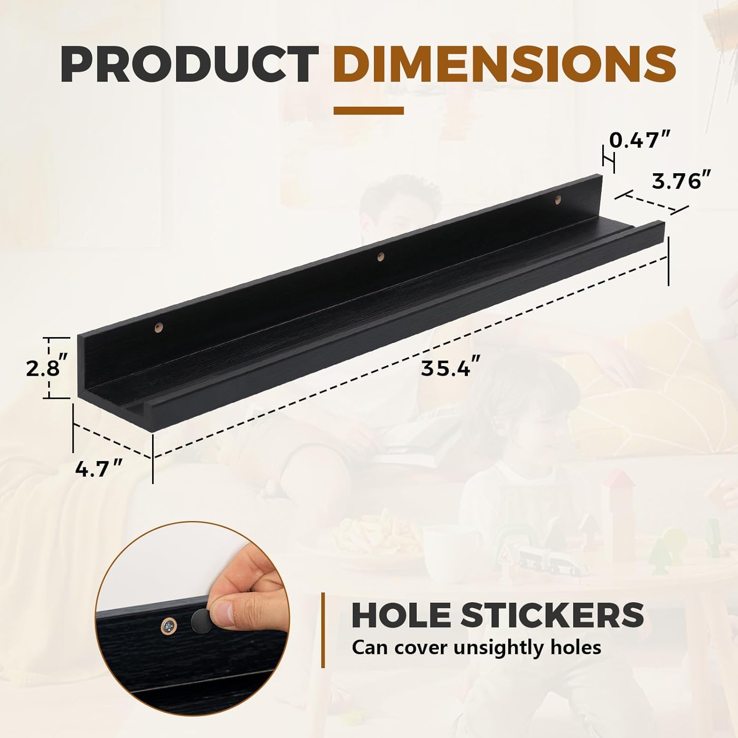 Muzilife 35.4" Large Floating Wall Ledge Shelves with Lip - Set of 2 Wood Floating Shelves - Black Wall Mounted Picture Ledge for Office, Bathroom, Bedroom, Living Room, Kitchen