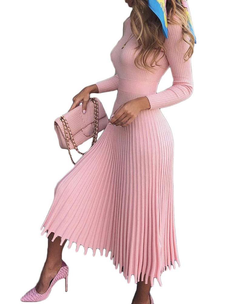 Minetom Damen Cocktail Festlich Hochzeit Party Kleid Langarm Winter Pullover Strickkleid Sweatkleid Elegant Midi Plissee Abendkleid