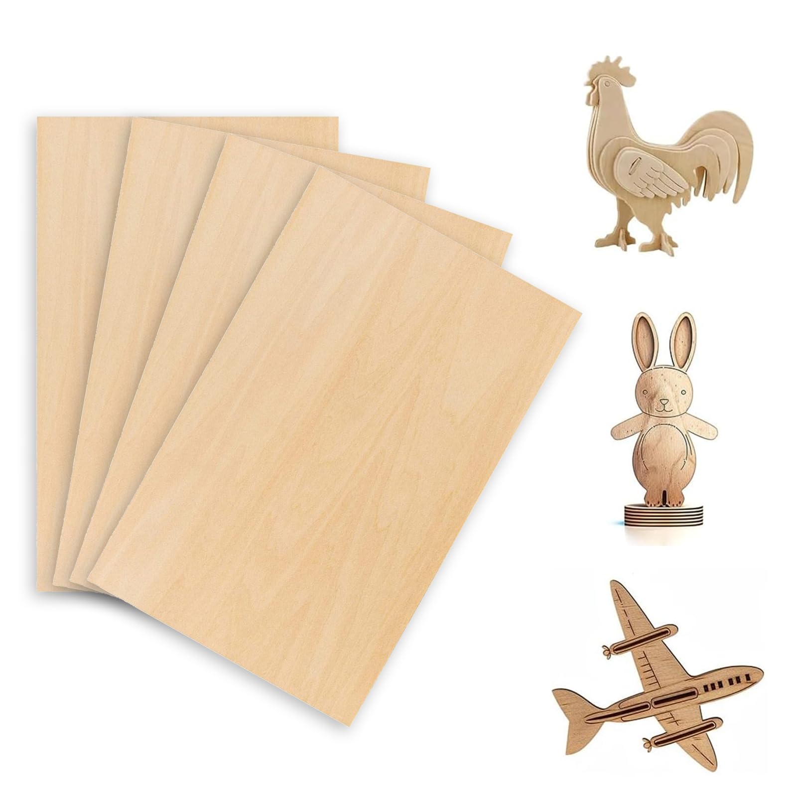 4 Pezzi Fogli di Legno Sottili, Foglio Compensato 2mm, Legno Compensato di Tiglio A4 20 x 30cm, Per fai da te Fatto a Mano, per Modellare, Pannelli Taglio Laser, Pirografia