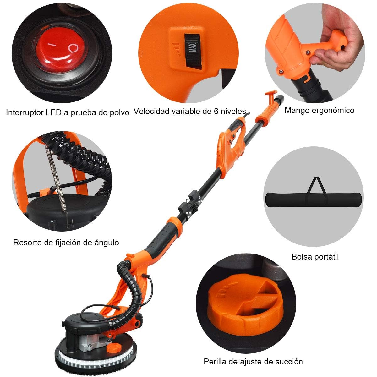 COSTWAY Lijadora de Techo Electrica de Pared, Lijadora Profesional Ø225mm/800-1750 RPM/ 750W /12 Discos de Lijado y LED, Naranja + Negro