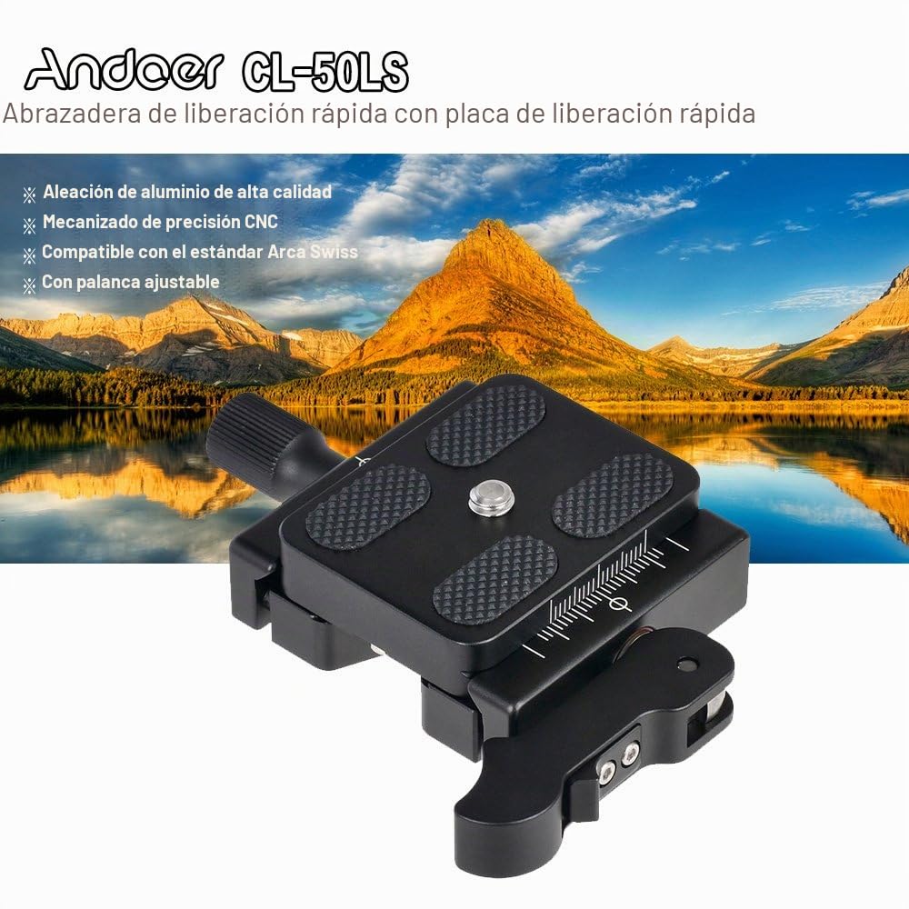 Andoer CL-50LS Tensor Rápido y Zapata Rápida con Palanca Ajustable Botón Tipo de 1/4"y 3/8" Tornillo Agujeros Compatible para Estándar Zapata Rápida Rótula de Trípode