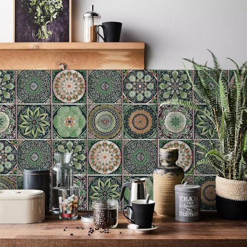 ArtisanAura 24 PCS Moroccan Boho Mandala Wall Tile Stickers Peel and Stick, 6x6 Inch Self-Adhesive Waterproof Vinyl Decals Wall Backsplash Decor for Kitchen, Bathroom, Furniture, Stairs