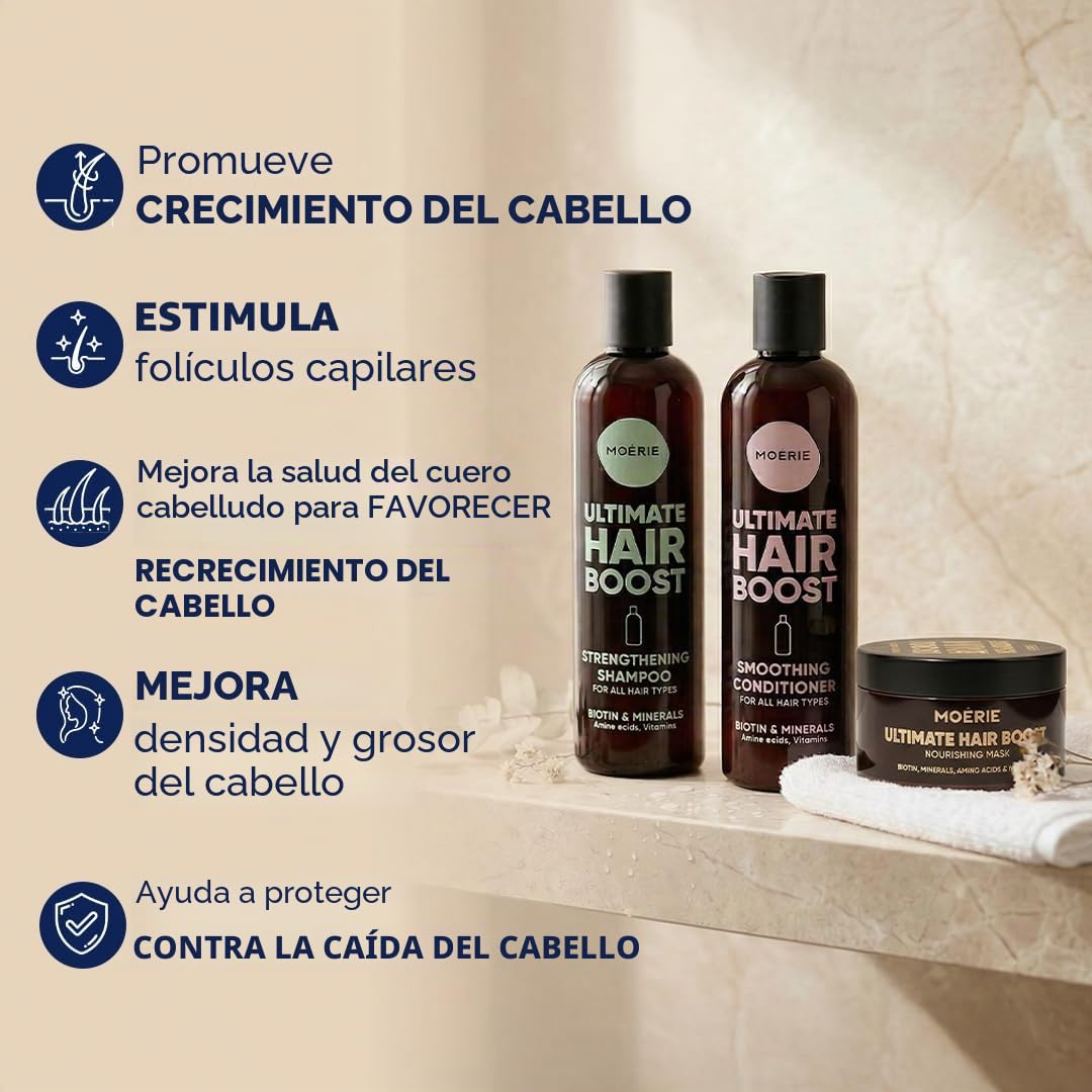MOERIE Juego de champú de 3 piezas – Champú para el crecimiento del cabello, acondicionador y mascarilla contra la caída del cabello, acelerar el crecimiento del cabello de forma natural, remedio