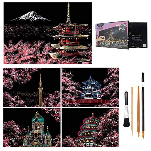 Kratzkunst für Erwachsene,Kratzbilder,Regenbogen-Malerei,Skizze,Kratzbrett-Kunst für Erwachsene und Kinder,DIY Kunst Zeichnung City Night View Schwarz Beschichtet Bunte Kratzpapier mit 4 Werkzeugen Cover