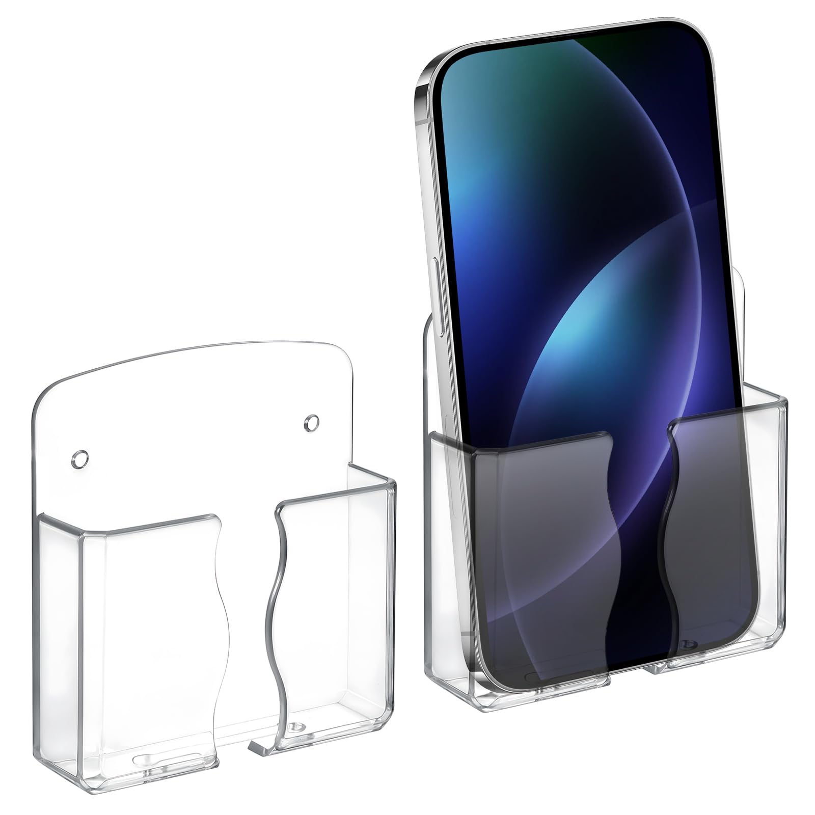 Lot de 2 supports muraux universels pour téléphone portable - Avec trou de chargement - Transparent - Support mural pour téléphone portable - Organiseur mural pour lit et salon