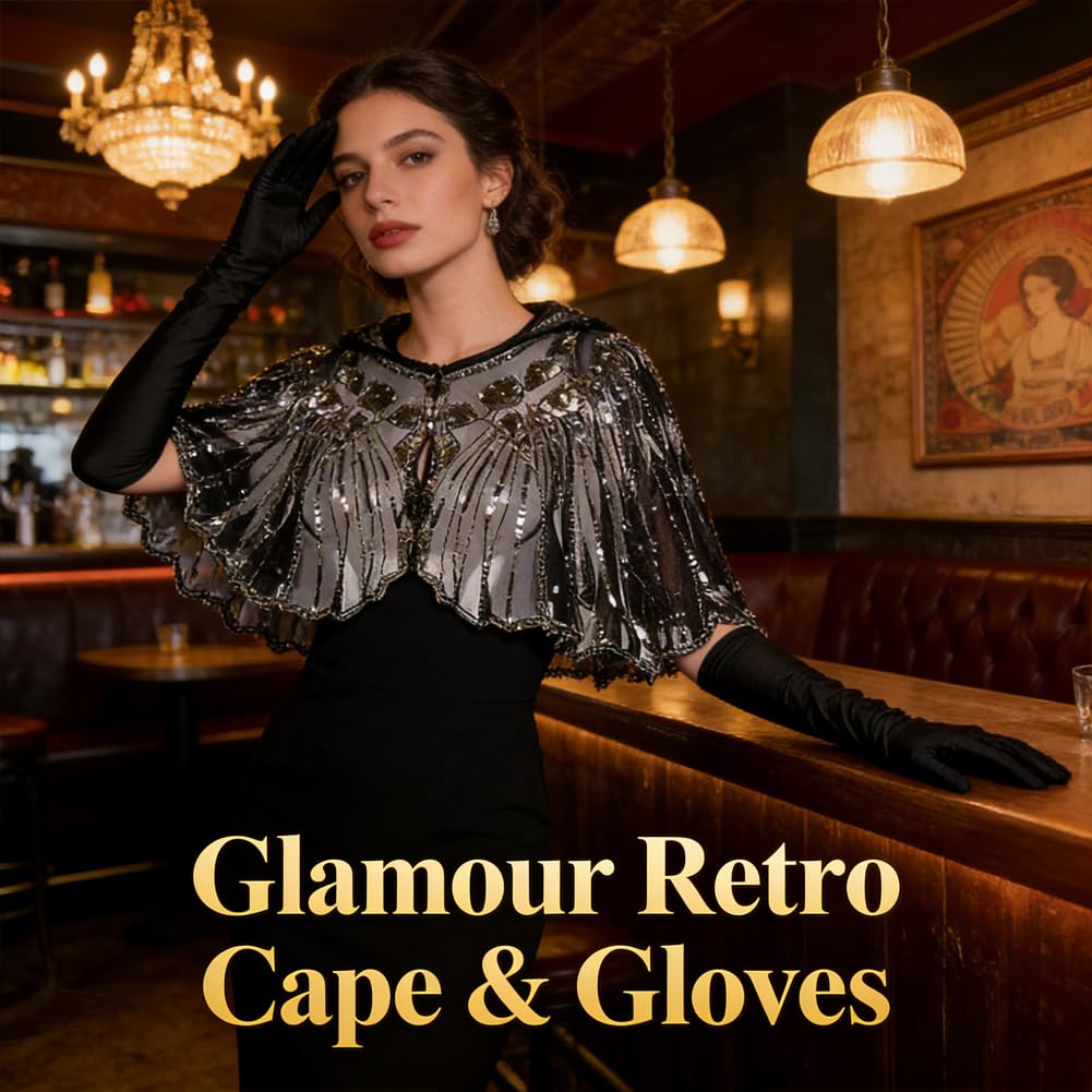 2 Pièces Châle Années 1920 avec Paillettes et Perles, Cape Soirée Vintage, Gants Longs Satin Femme, Accessoires Party pour Robe de Mariage, Soirée à Thème, Bal