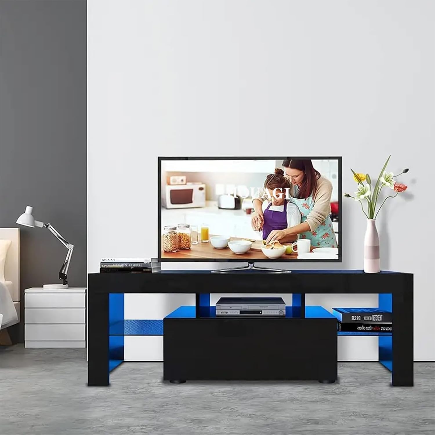 HOUAGI LED TV Stand for Televisions up to 55 Inchs,Modern Entertainment Center with Storage Drawer and Glass Shelf, TV Console Table for Living Room,Bedroom (Black, 50in)
