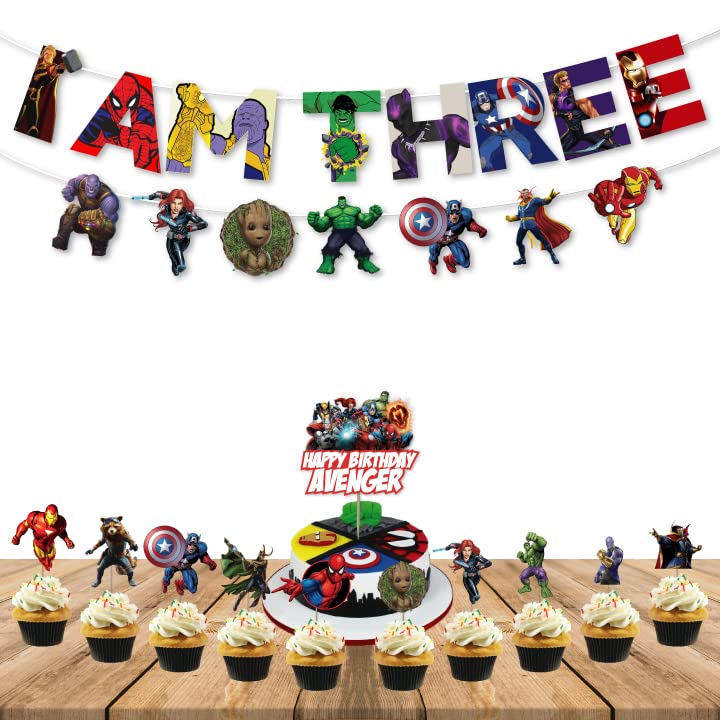 Festiko® 12 Pcs I Am Three Birthday Banner, Cake & Cupcake Toppers, I Am Three Combo, Superhero Combo Supplies, Superhero Theme Party Decorations