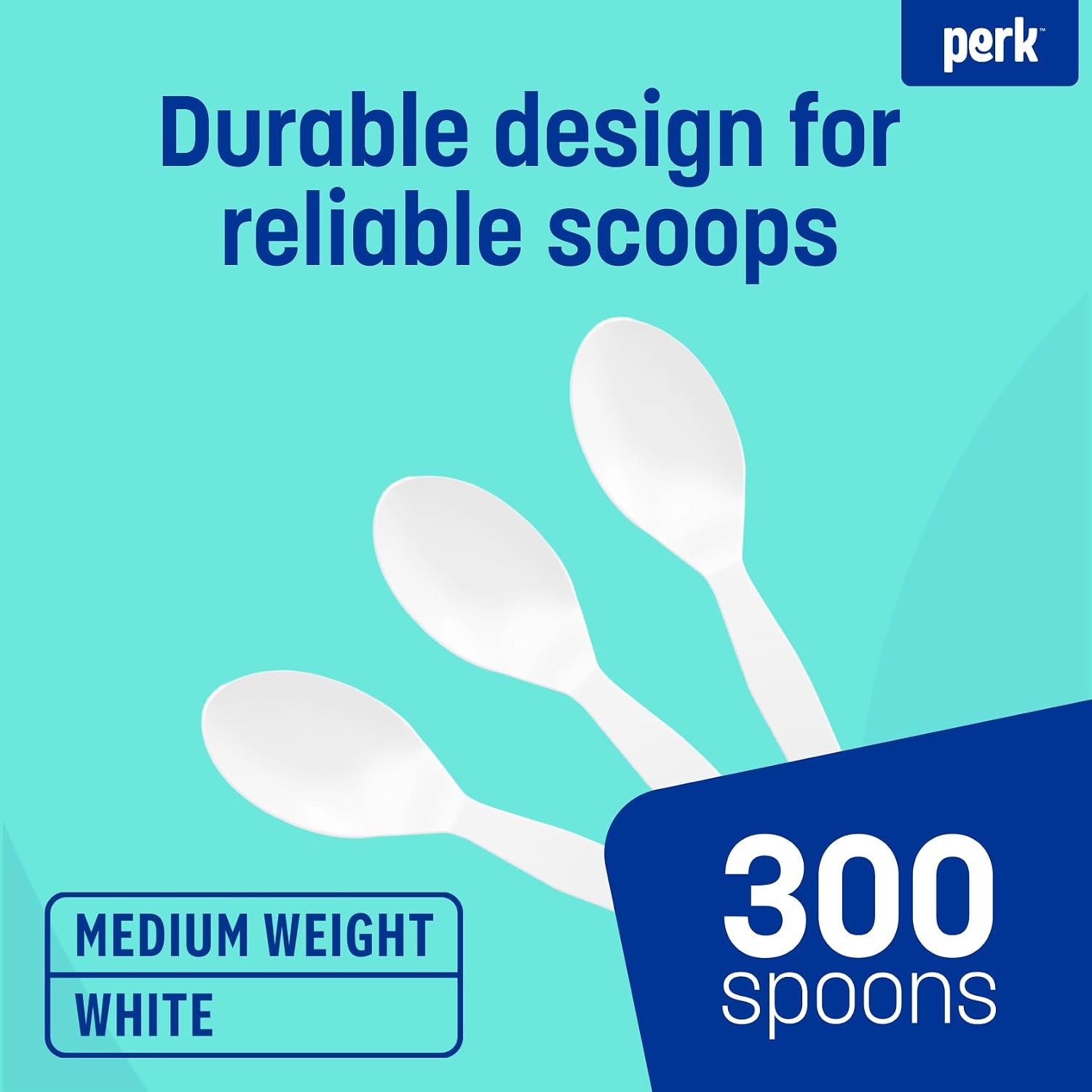 Perk Medium‑Weight Plastic Spoons, 300 Count Bulk Disposable Spoons for Everyday Meals & Desserts, White