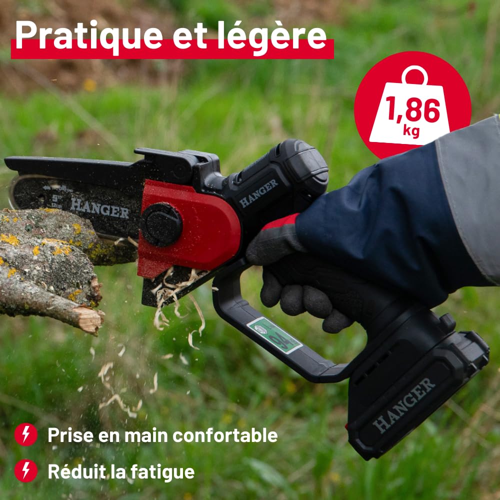 Scie d'élagage sans fil 18V avec batterie 2Ah et chargeur – Guide 12 cm – Scie élagueuse compacte, légère et puissante