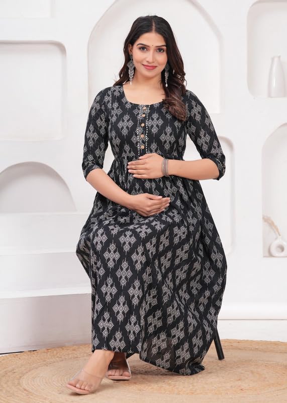 Image of Maternity Feeding Kurti with Zipper | Cotton Floral Printed Pregnancy & Nursing Dress | Comfortable & Stylish Maternity Wear for Women | Breastfeeding Kurta with Zipper | Soft & Elegant