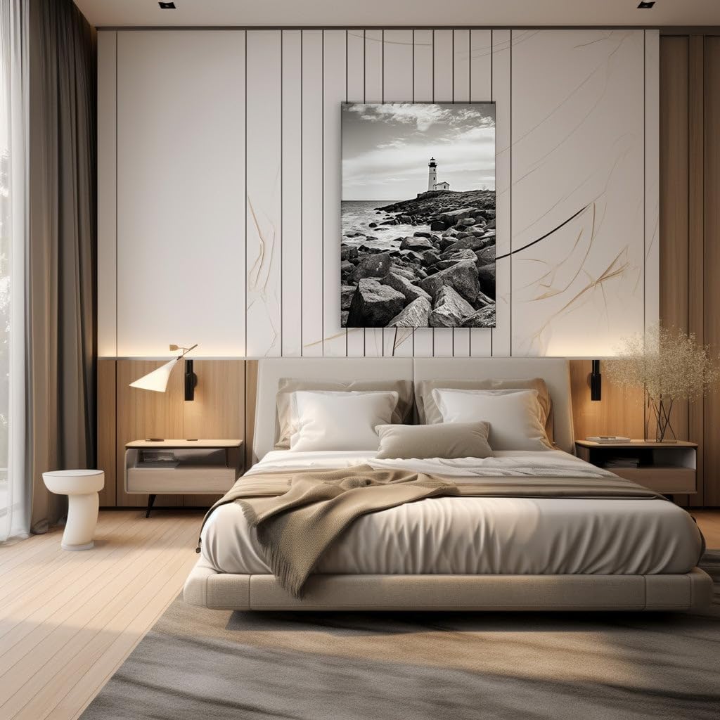 Canvas for Living room. Lighthouse Serenity - A Study in Contrast Amidst Sea and Stone, 27 x 18 inch Canvas Wall Art - Contemporary Masterpieces - Modern Home Decor