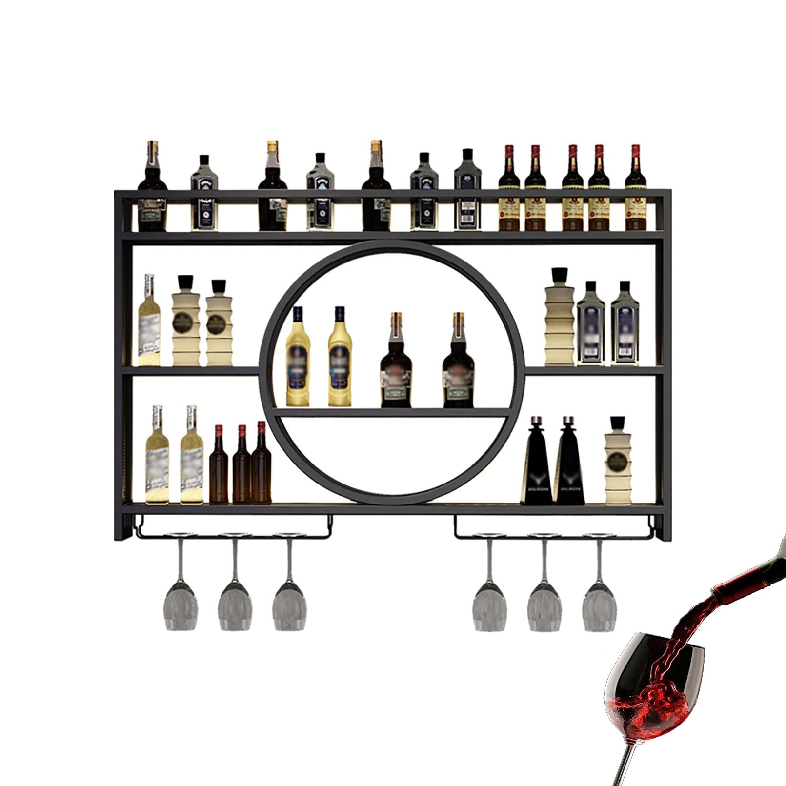 Metalowy stojak na wino montowany na ścianie z oświetleniem LED, nowoczesna półka ekspozycyjna na butelki z alkoholem z uchwytem na kieliszki do wina, pływające półki barowe, do domowego ba