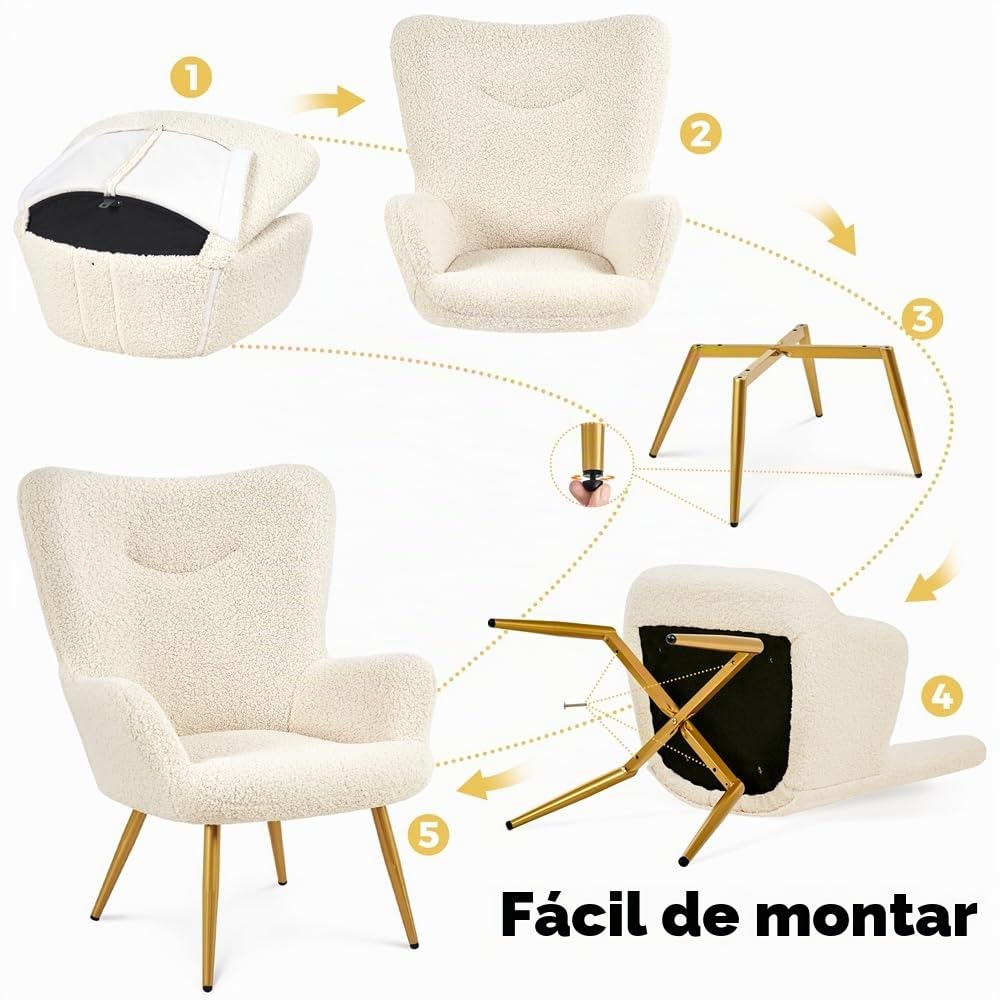 Yaheetech Sillón Orejero con Reposapiés Butaca de Salón Tapizada en Bouclé Sillón Lectura con Otomana de Respaldo Alto Ergonómico Soporte 136kg Ideal para Salón Dormitorio Oficina Marfil