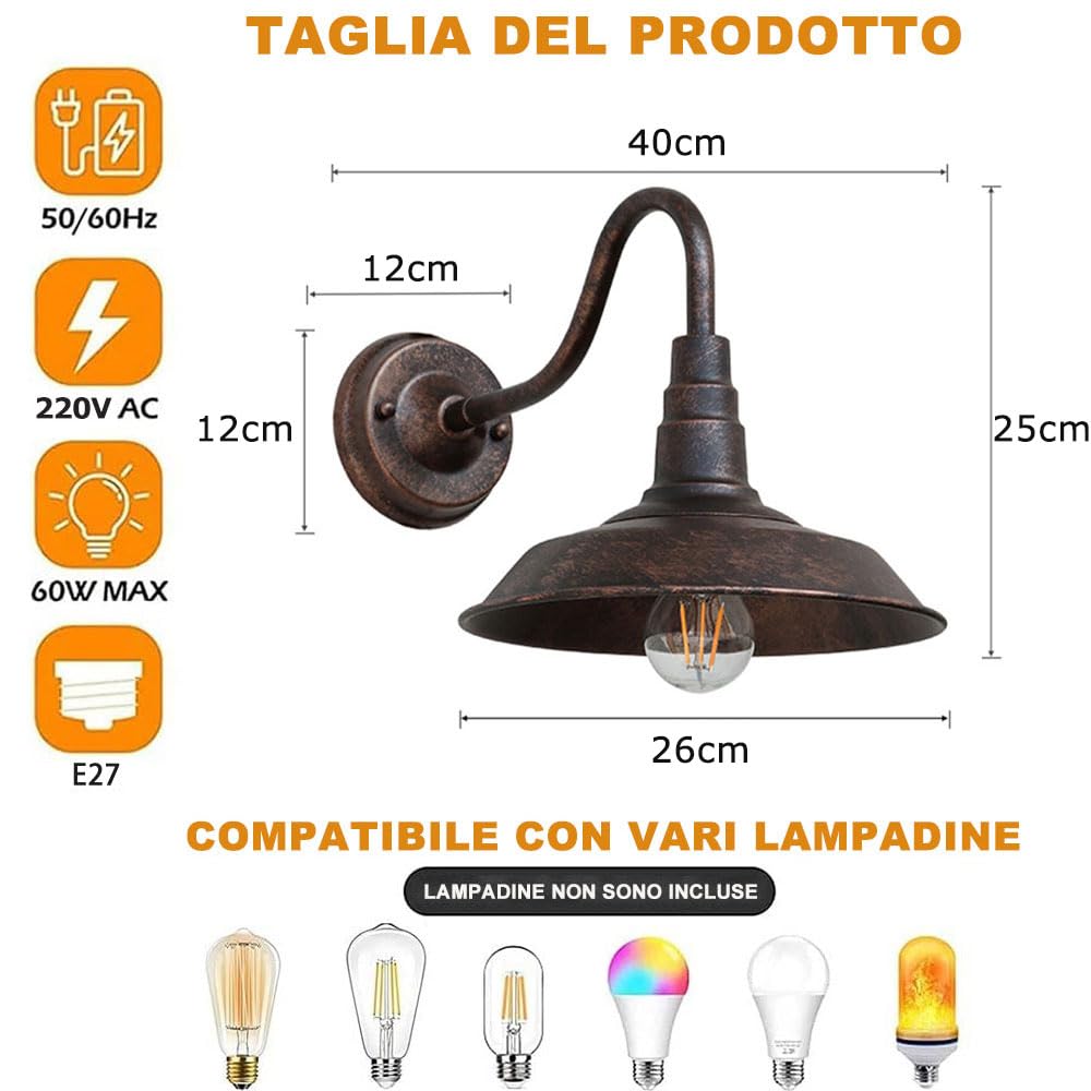 Applique Da Esterno Retrò Impermeabile IP54 Per Portico Vintage Con Montaggio A Parete Lampade Per Esterni A Collo D'oca Da 9,8"