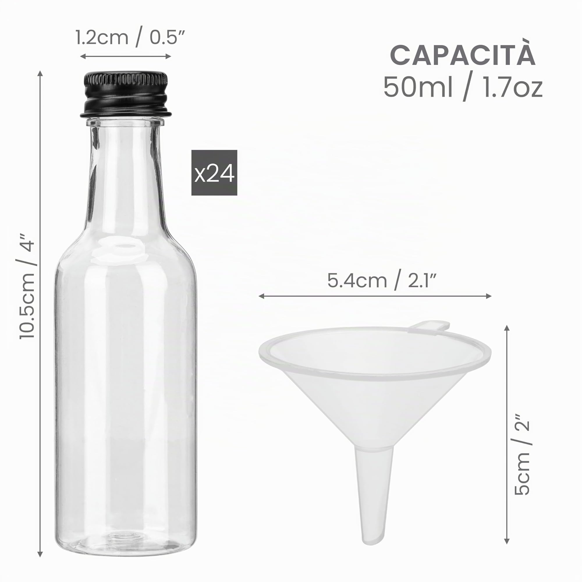 BELLE VOUS Mini bottiglie riutilizzabili 50ml vuote in plastica con tappi neri imbuto liquido ideale per matrimoni e feste