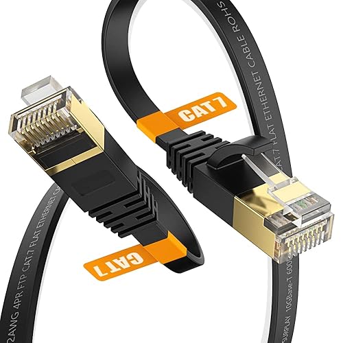 Cable Ethernet Cat7 de 25 pies, negro, 10 Gbps blindado y cable de Internet GND para uso de larga distancia, cable plano Cat 7 de alta velocidad con