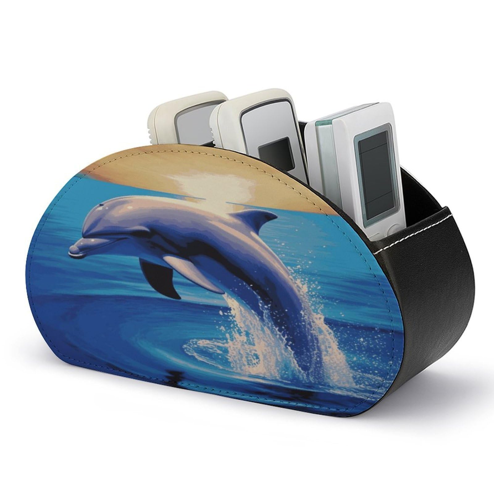 VstaDank Elegant Dolphin Remote Control Holder with 5 Compartments Pu Leather TV Remote Caddy Storage Box Desktop Organizer Store Controller DVD Brush Pens Glasses&Office Supplies