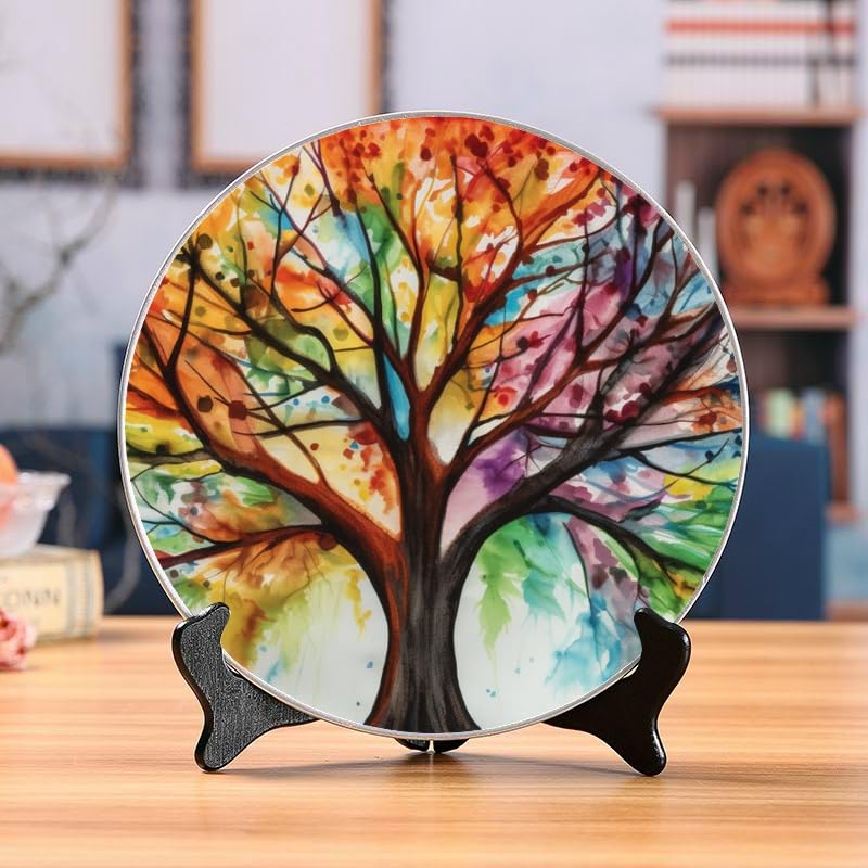 DNOVING Tie-dye Rainbow Tree Ceramic Decorative Plate Home Display with Stand, Versatile for Home & Office DP-117655489