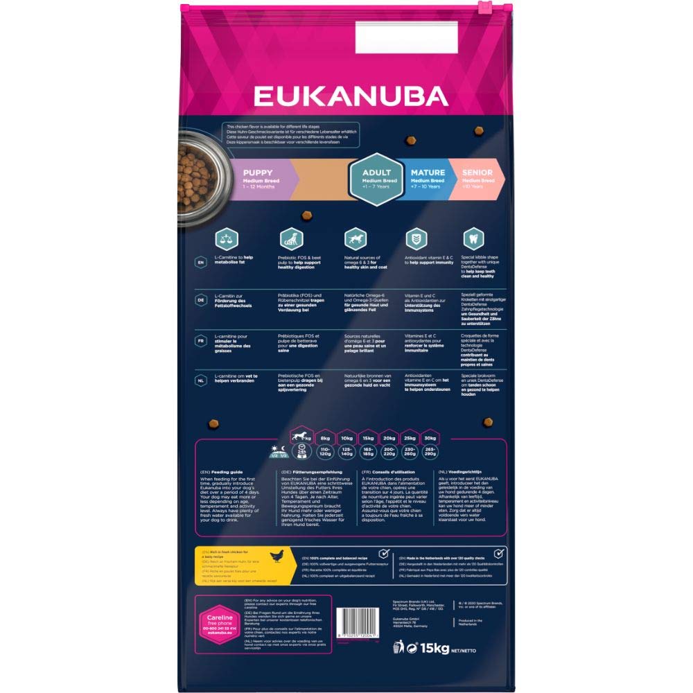 Eukanuba Hundefutter mit frischem Huhn für mittelgroße Rassen, Premium Trockenfutter für ausgewachsene Hunde, 15 kg