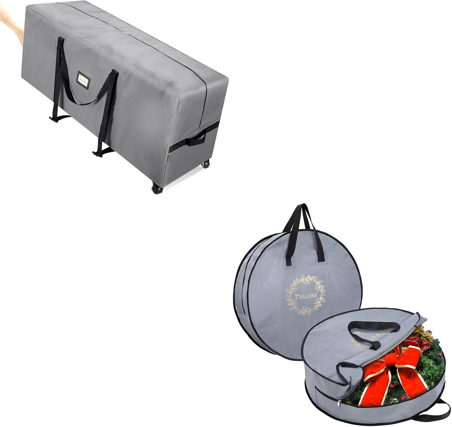 BALEINE 2 Pack Wreath Storage Container (30"×8")+ 7.5 ft Rolling Christmas Tree Storage Bag