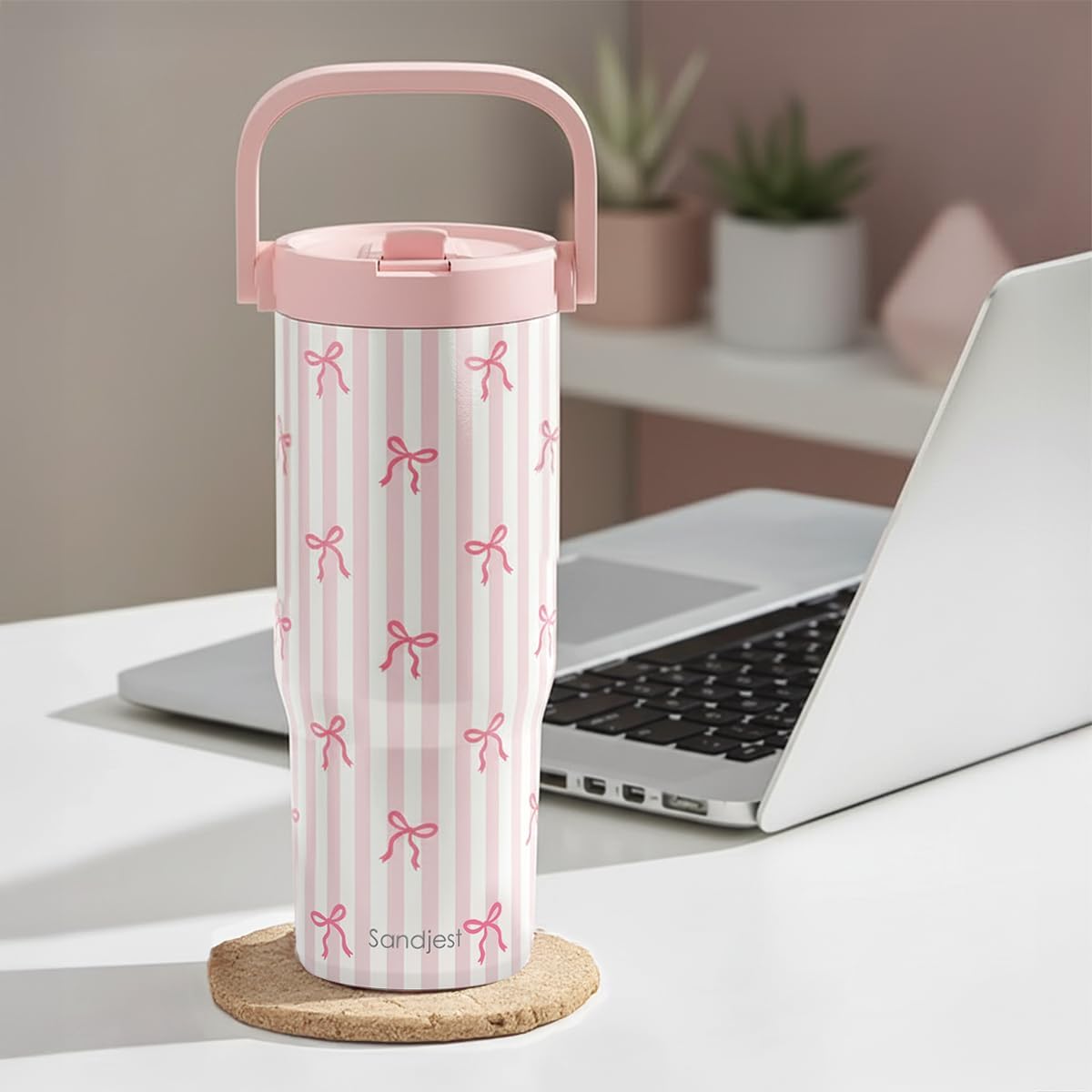 SANDJEST Bow Stainless Steel Straw Lid Tumbler 30oz with Carry Handle for Women Girls, Aesthetic Insulated Travel Coffee Cup, Gift for Sports Workout Christmas Birthday
