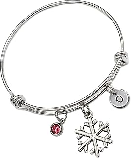 Snowflake Bangle Bracelet - Snow Jewelry Gift for Christmas Holiday Season - Personalized Initial Bracelet with Birthstone (April - White, A)