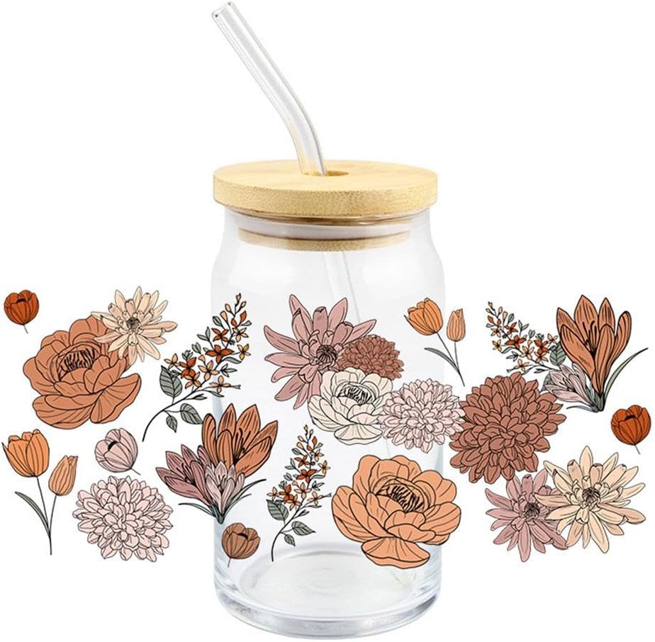 UV DTF Cup Wrap,Cute Floral Theme Stickers for Glass Cups