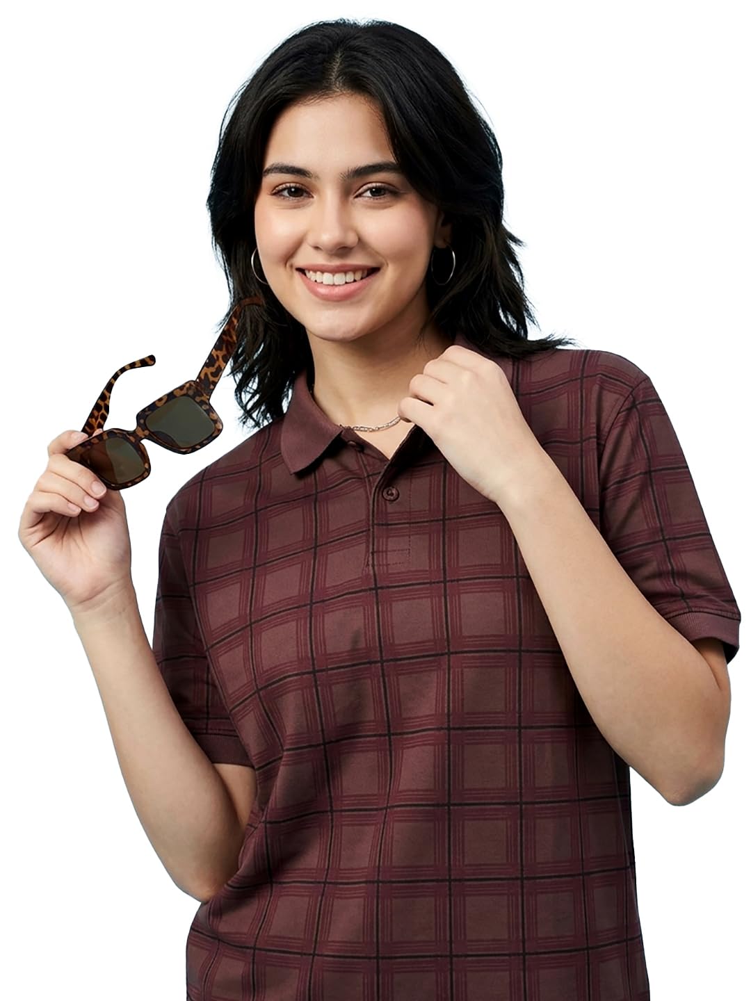 Women Checkered Polo Neck Half Sleeve Tshirt-picture-19