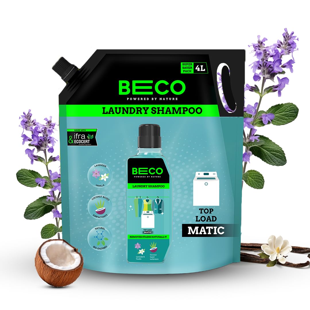 Beco Natural Liquid Detergent Top Load - 4L Refill Pack| Tough Stain Removal | Lavender & Vanilla Freshness | Retains Brightness & Shine | Chemical Free | Top Load Washing Machine Detergent Liquid