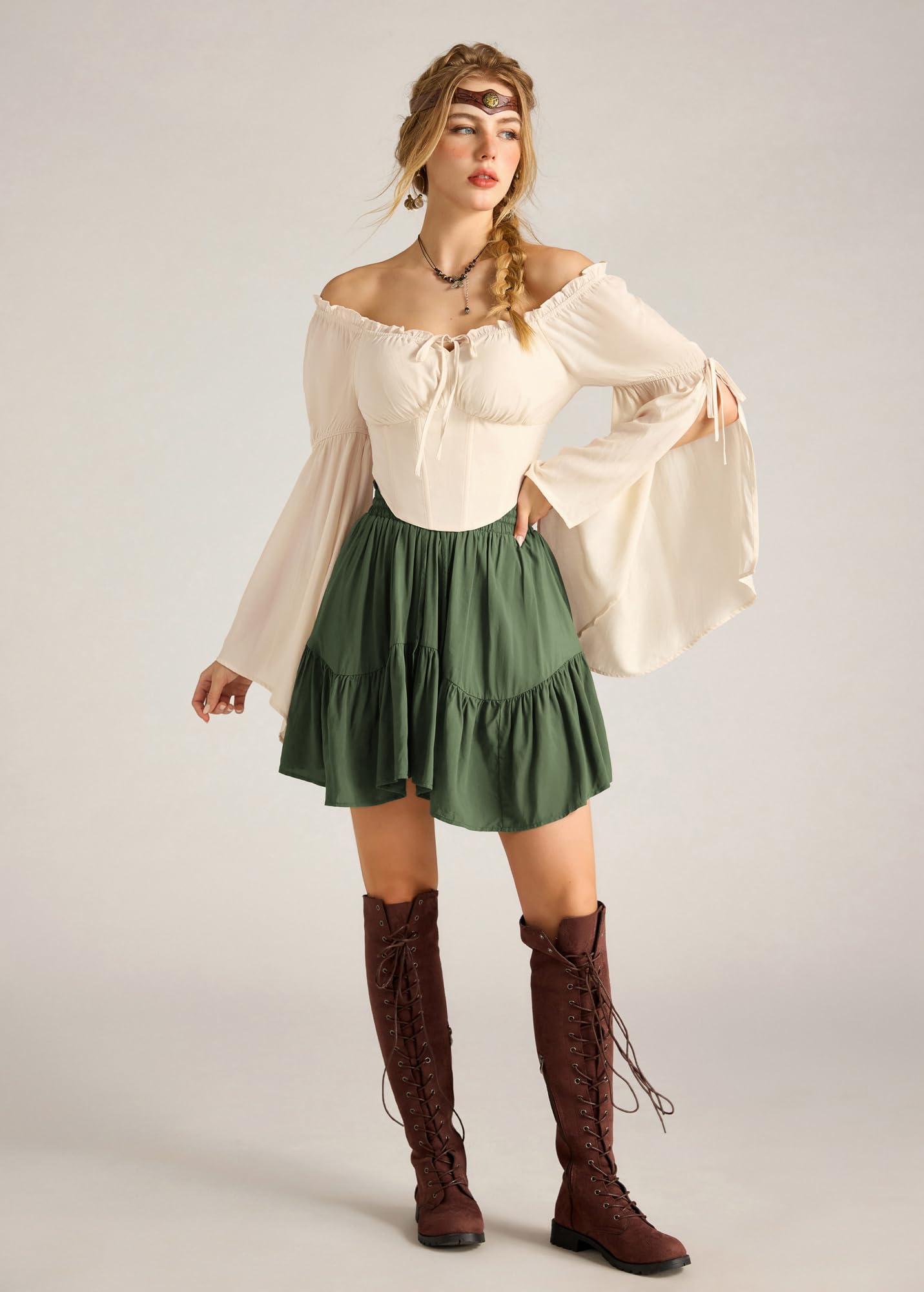 SCARLET DARKNESS Damen Renaissance Corset Top Langarm Korsett Piraten Bluse | Schulterfreies Oberteil, Glockenärmel mit Schlitz, Gesmokte Taille, Korsett Oberteil, Mittelalter Kleidung, Piratenkostüm