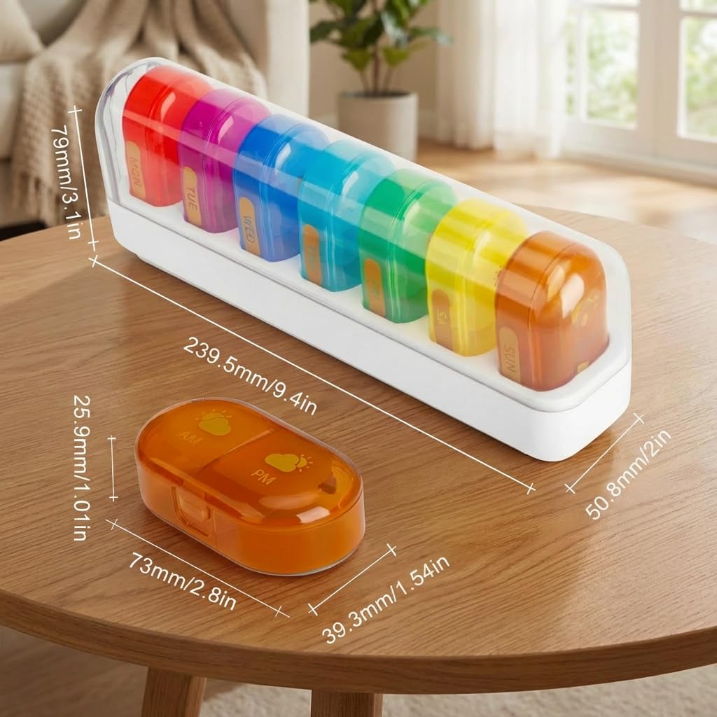 POPCUBE Weekly Medicine Organizer Box 7-Day 2 times a day, XXL Large Pill Organizer, Cute and Colorful Pillbox, Pill Organizer Box with Clear Lids for Vitamin, Medicine, Supplement, Fish Oil (Multicolor)