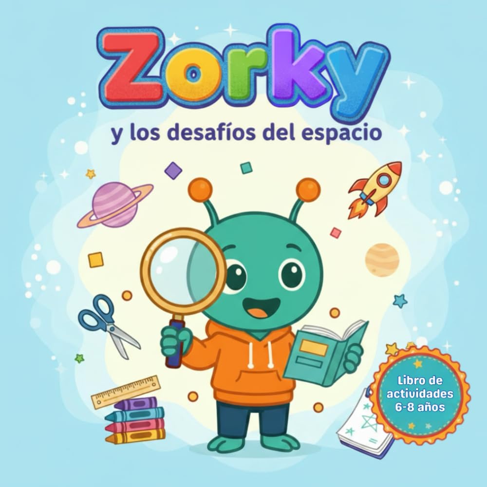 Zorky y los desafíos del espacio: Libro de actividades para niños 6-8 años. Laberintos, sopas de letras, crucigramas, diferencias, códigos secretos, dibujos para colorear y mucho más.