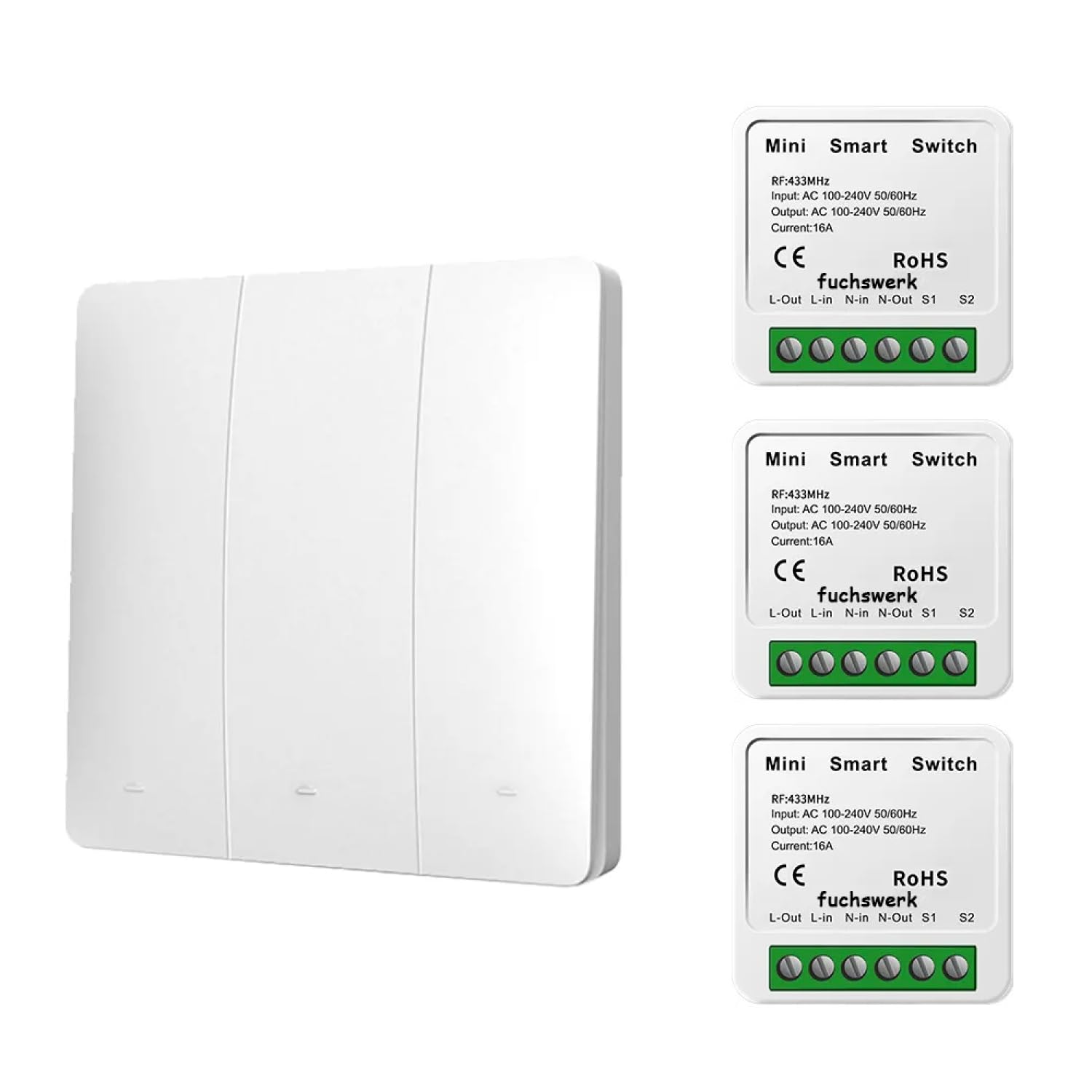 Draadloze schakelaarset, draadloze wandschakelaar, lichtschakelaar met ontvanger, 30 m bereik, draadloze kinetische batterijloze, 3 kanaals/1 3 knop
