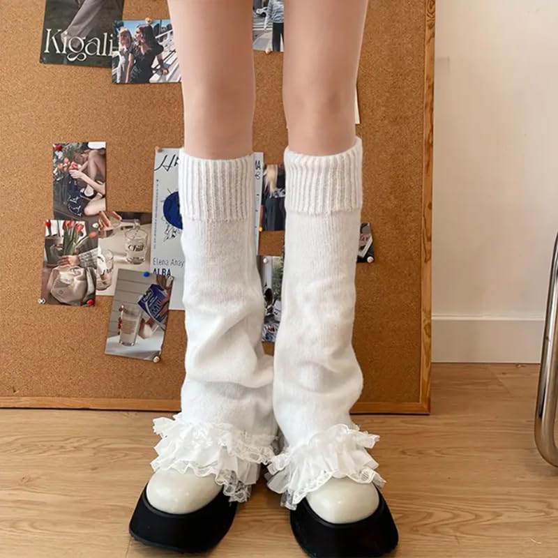 1 Pair Women's Ruffled Lace Trim Leg Warmers, Sweet And Cute Knee High Socks, Lace Trim And Ruffled Design4